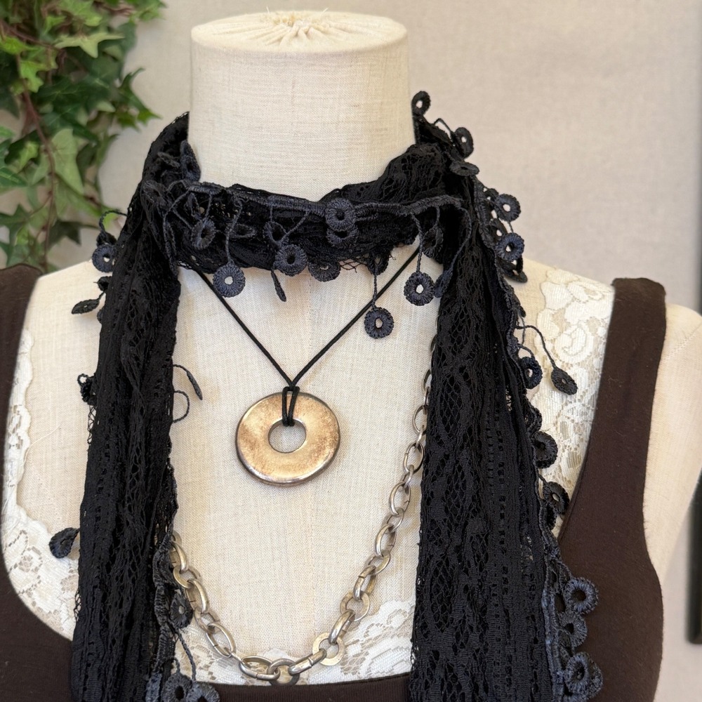 Black Lace Trim Scarf Whimsygoth Dark Romantic OS Fringe Feminine Girly Grunge